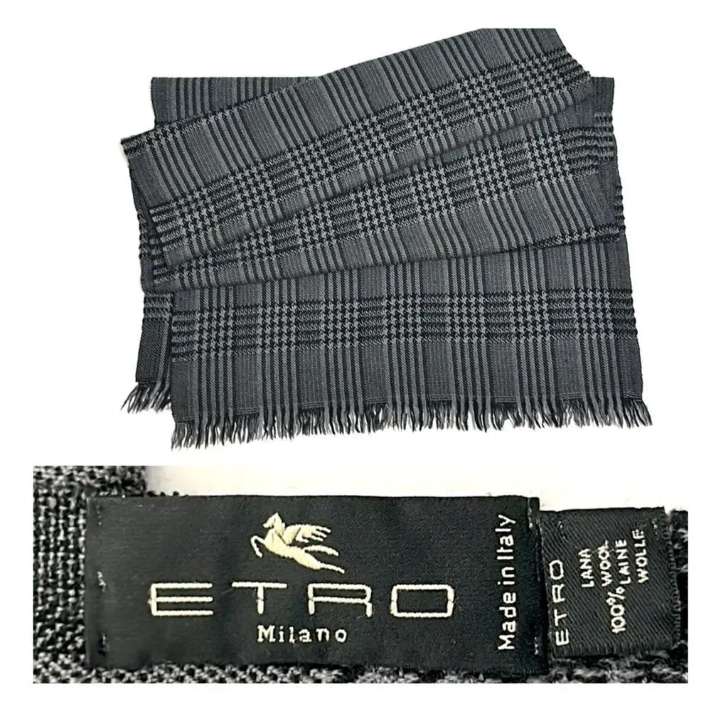 ETRO Milano Wool Oblong Scarf Gray Glen Plaid Men’s Women’s 18x72”